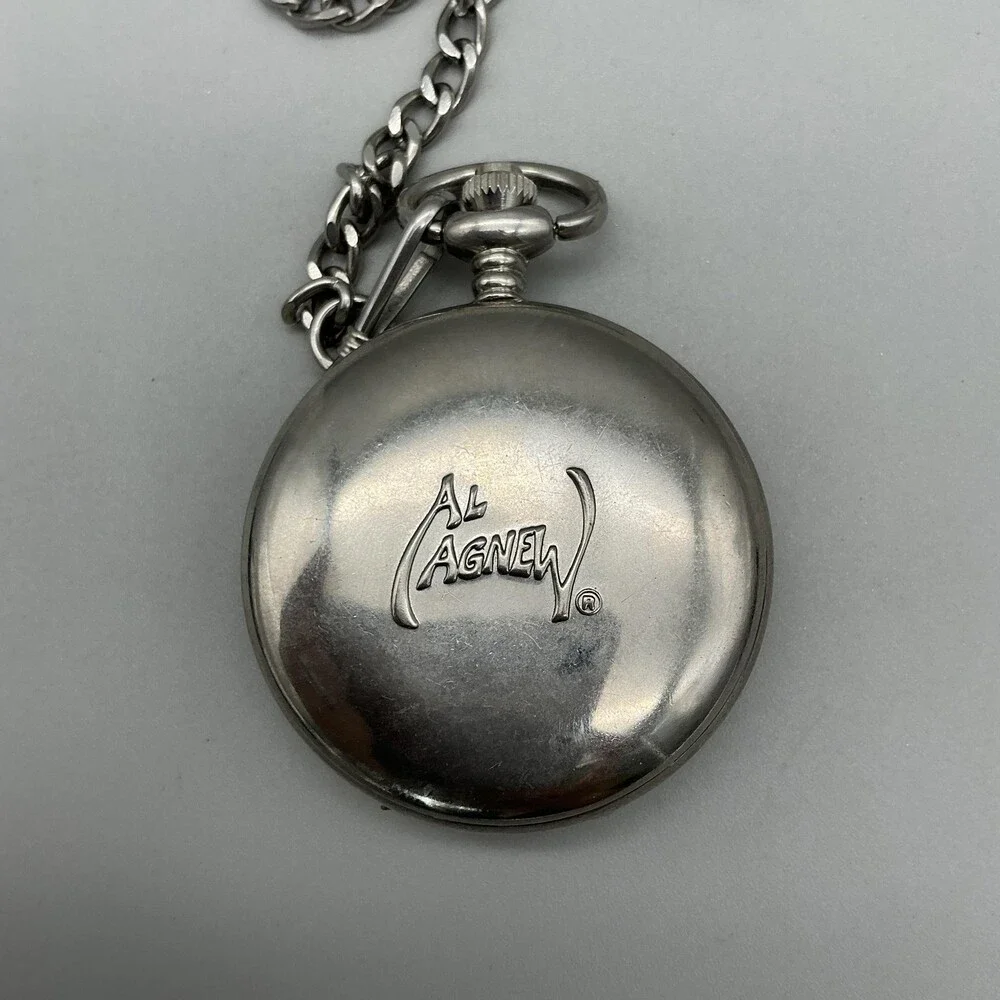 Al Agnew Pocket Watch Men 47mm Silver Tone Wolf Full Hunter Chain Analog